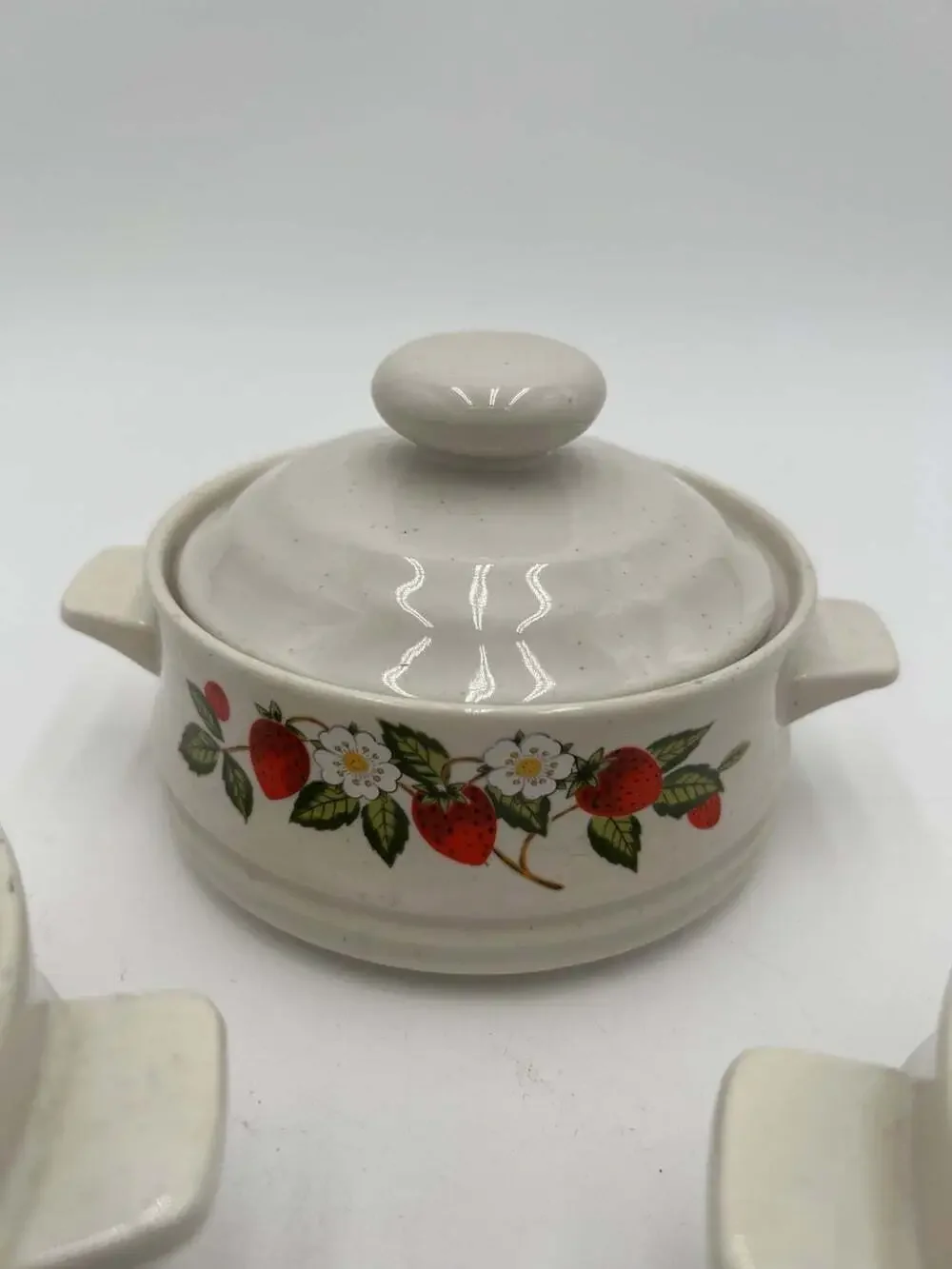 Vintage Sheffield Strawberries n Cream Stoneware Mini Casseroles Lids Set of 3